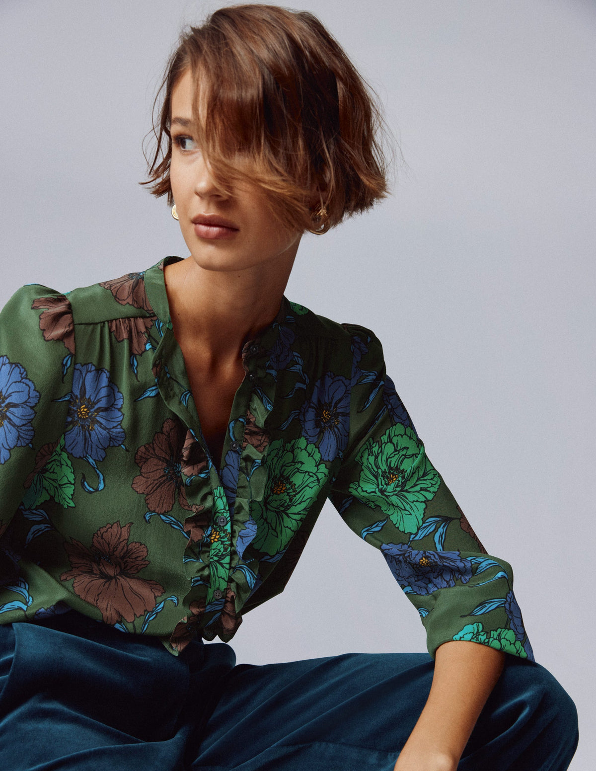 Alice Frill Front Silk Top-Green, Peony Bloom - Image 5