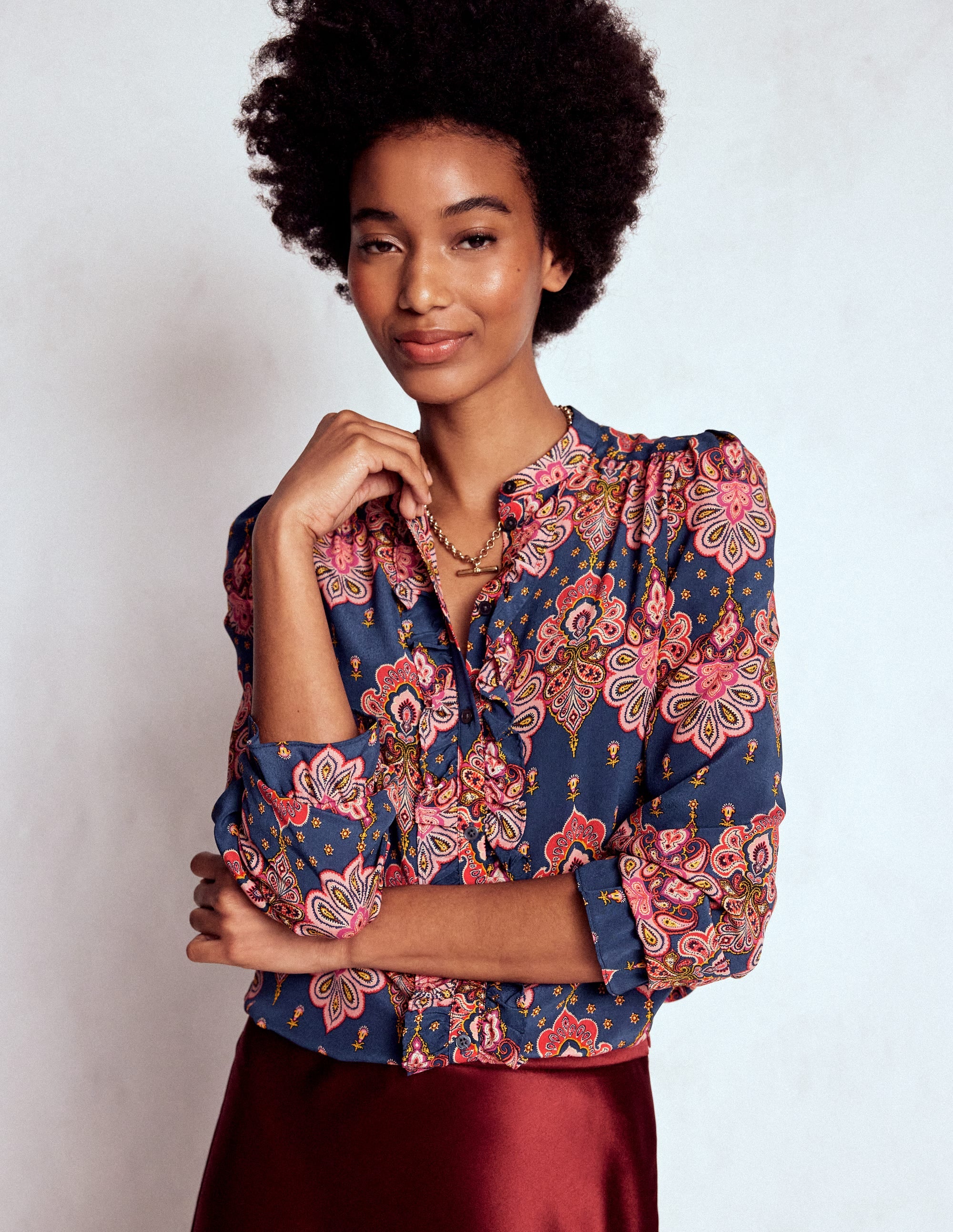 Alice Frill Front Silk Top-Navy, Embellished Paisley - Image 1
