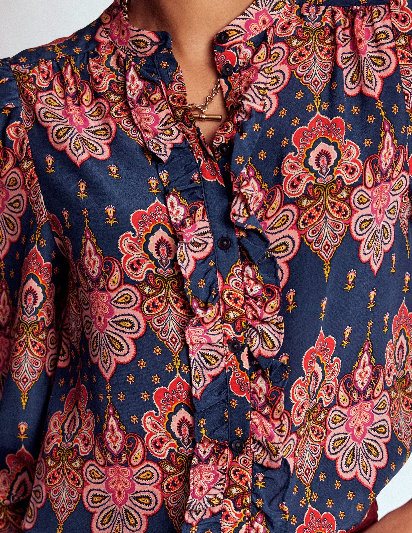 Alice Frill Front Silk Top-Navy, Embellished Paisley