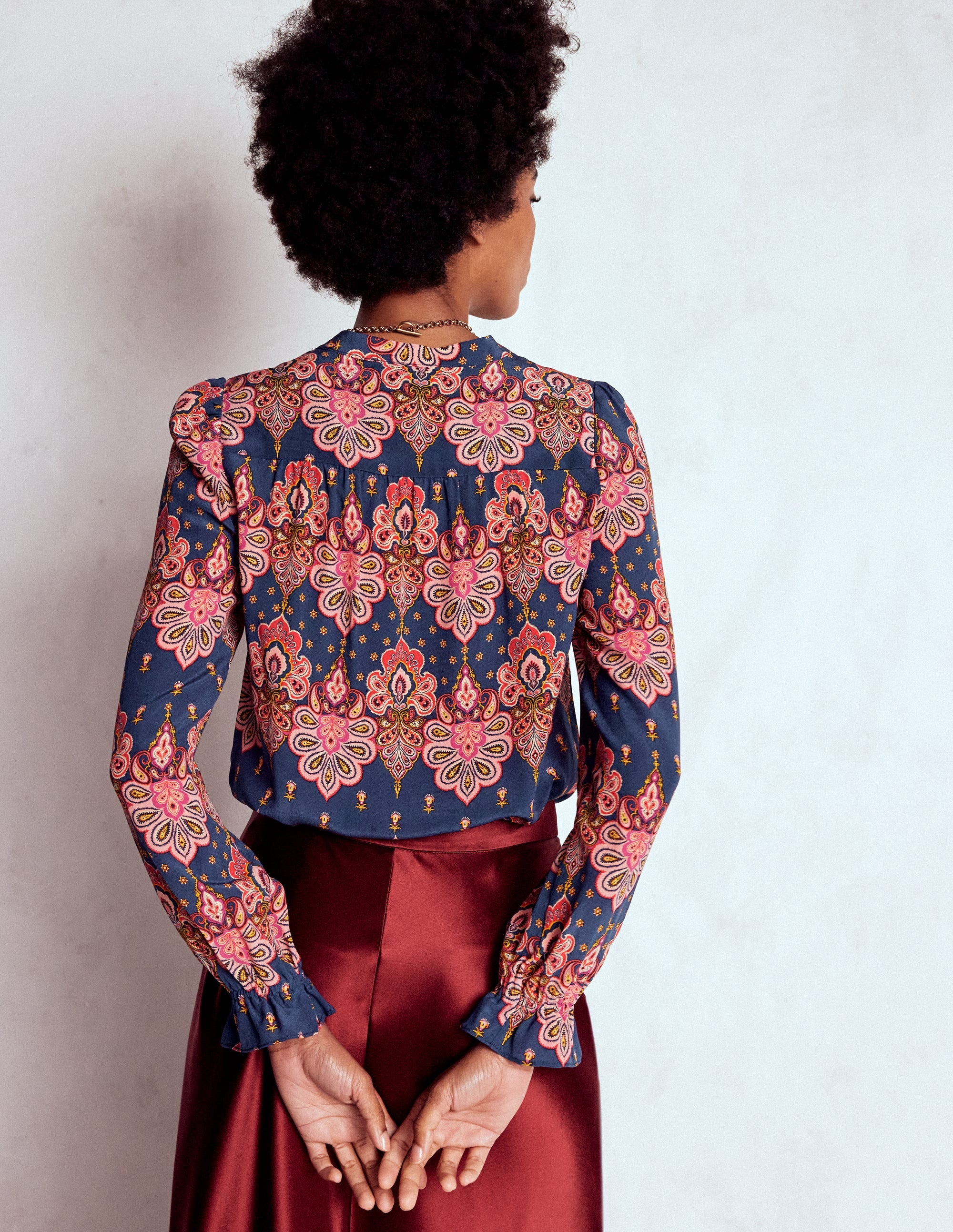 Alice Frill Front Silk Top-Navy, Embellished Paisley - Image 3