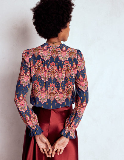 Alice Frill Front Silk Top-Navy, Embellished Paisley-3