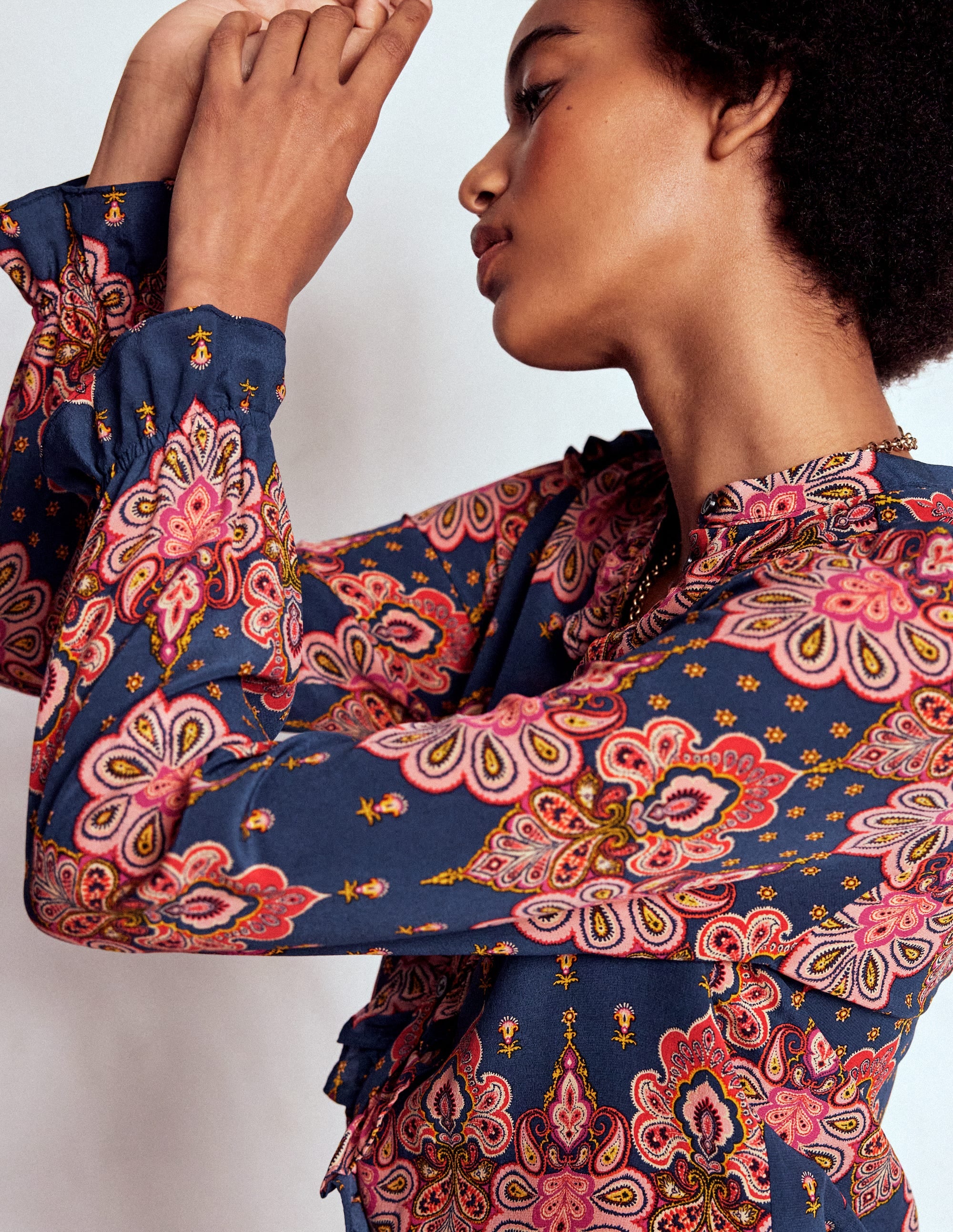 Alice Frill Front Silk Top-Navy, Embellished Paisley - Image 4