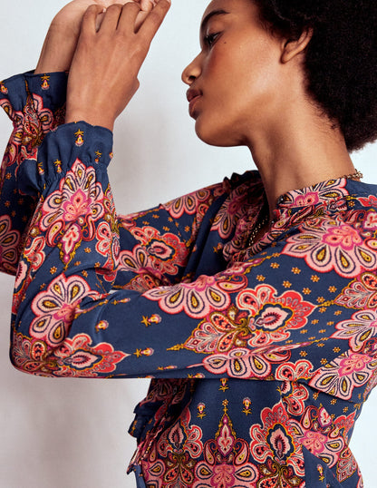 Alice Frill Front Silk Top-Navy, Embellished Paisley-4