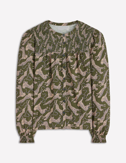 Elsa Smocked Yoke Jersey Shirt-Green, Leaping Leopard-5