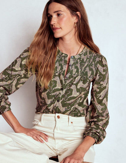 Elsa Smocked Yoke Jersey Shirt-Green, Leaping Leopard-1
