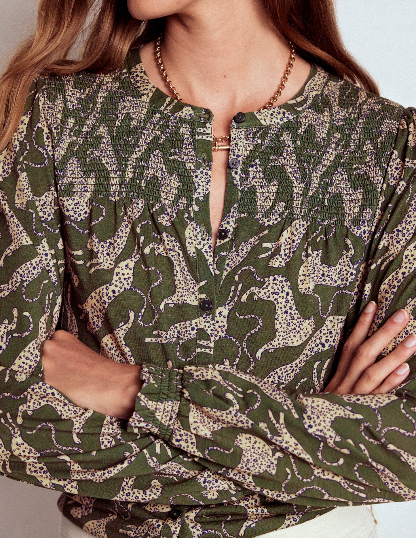Elsa Smocked Yoke Jersey Shirt-Green, Leaping Leopard