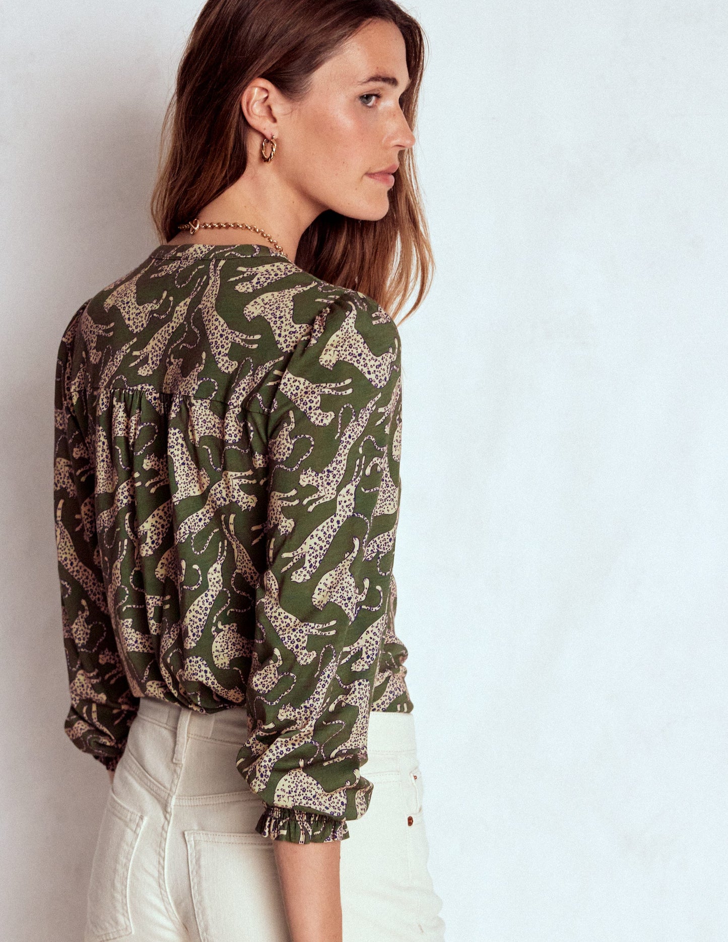 Elsa Smocked Yoke Jersey Shirt-Green, Leaping Leopard