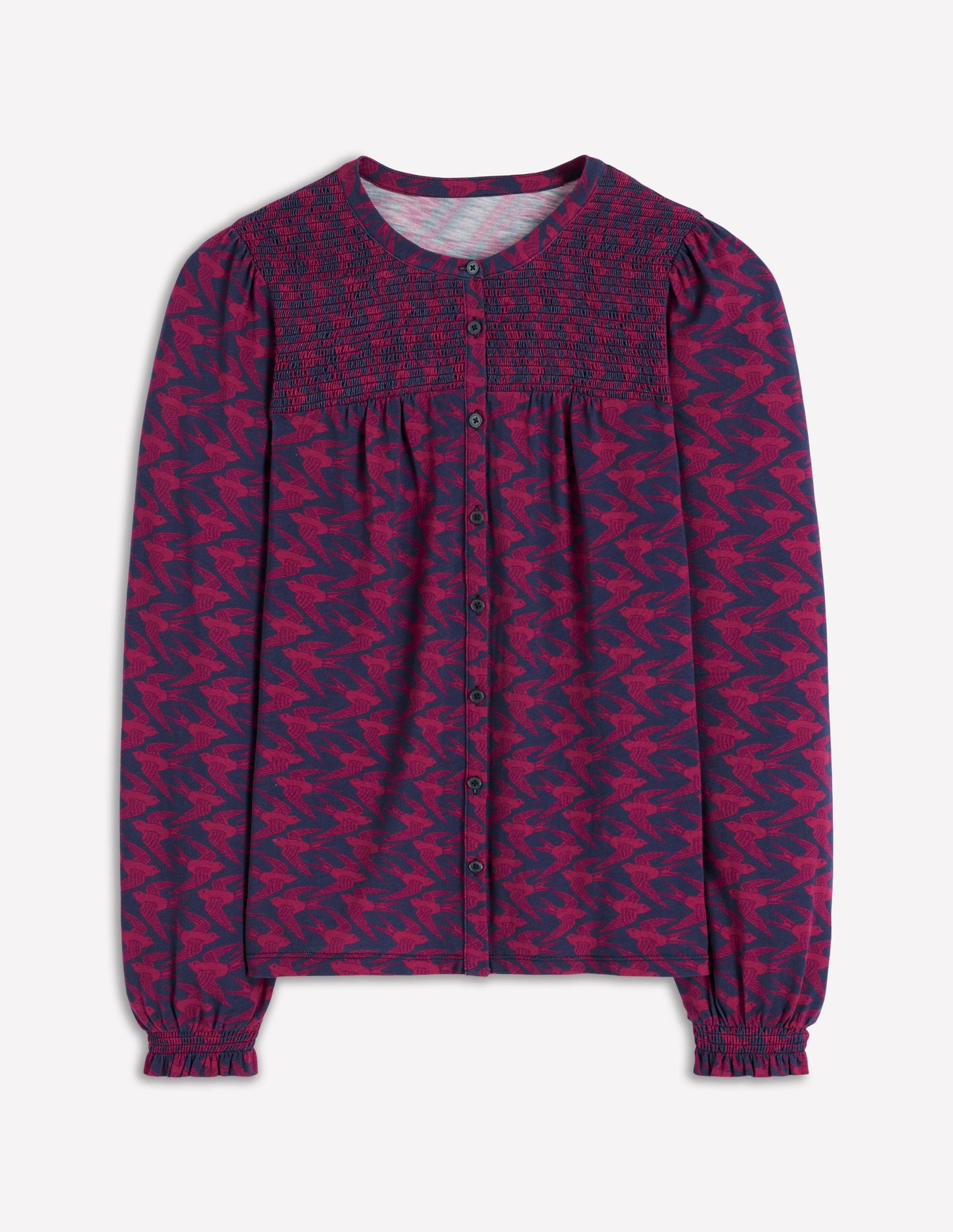 Elsa Smocked Yoke Jersey Shirt-French Navy, Swooping Swallow