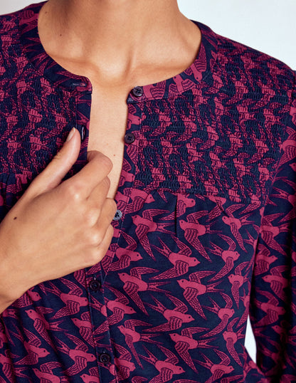 Elsa Smocked Yoke Jersey Shirt-French Navy, Swooping Swallow-2