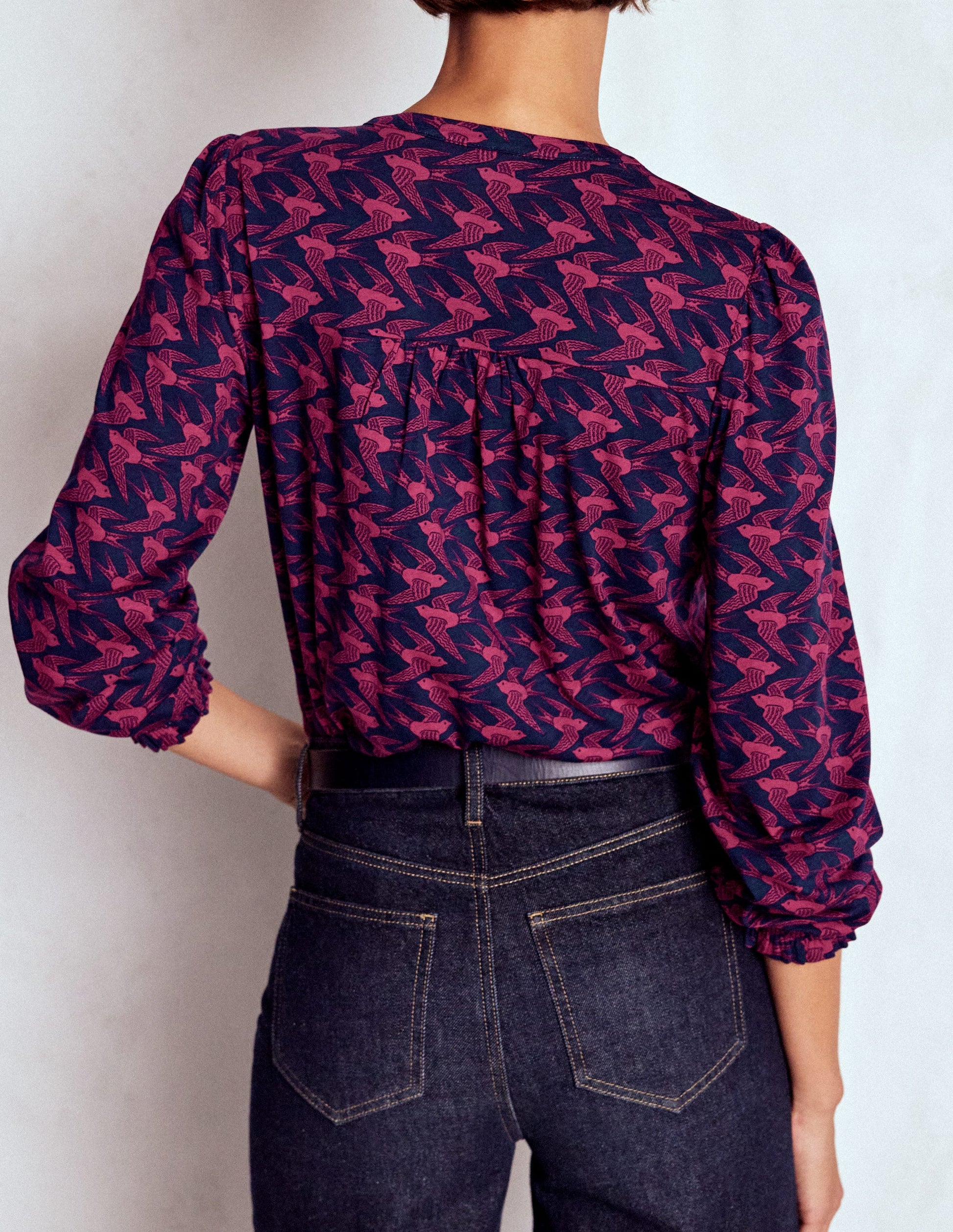 Elsa Smocked Yoke Jersey Shirt-French Navy, Swooping Swallow-3