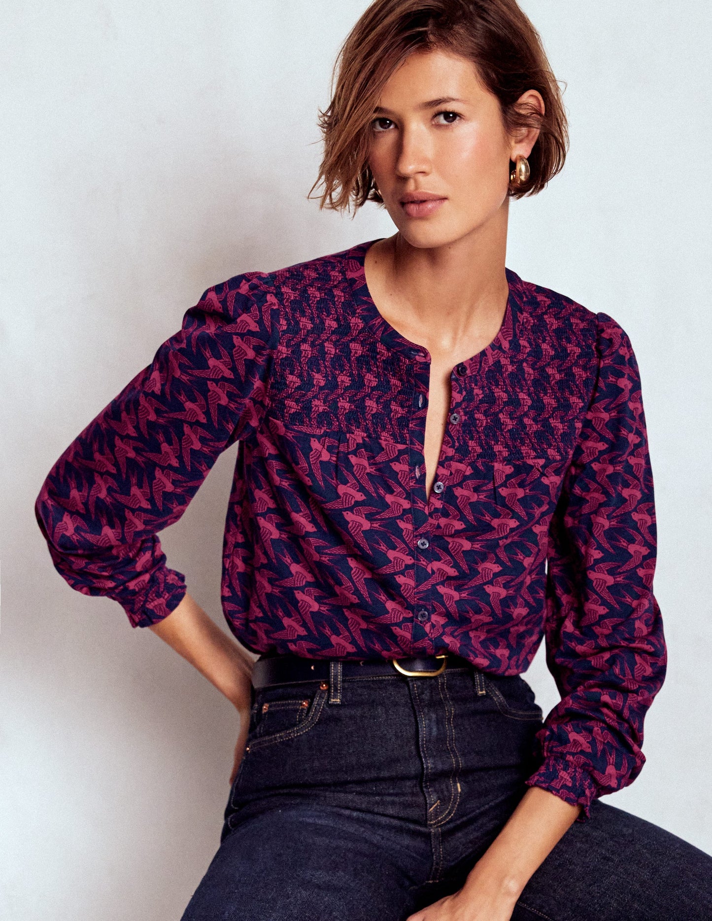 Elsa Smocked Yoke Jersey Shirt-French Navy, Swooping Swallow