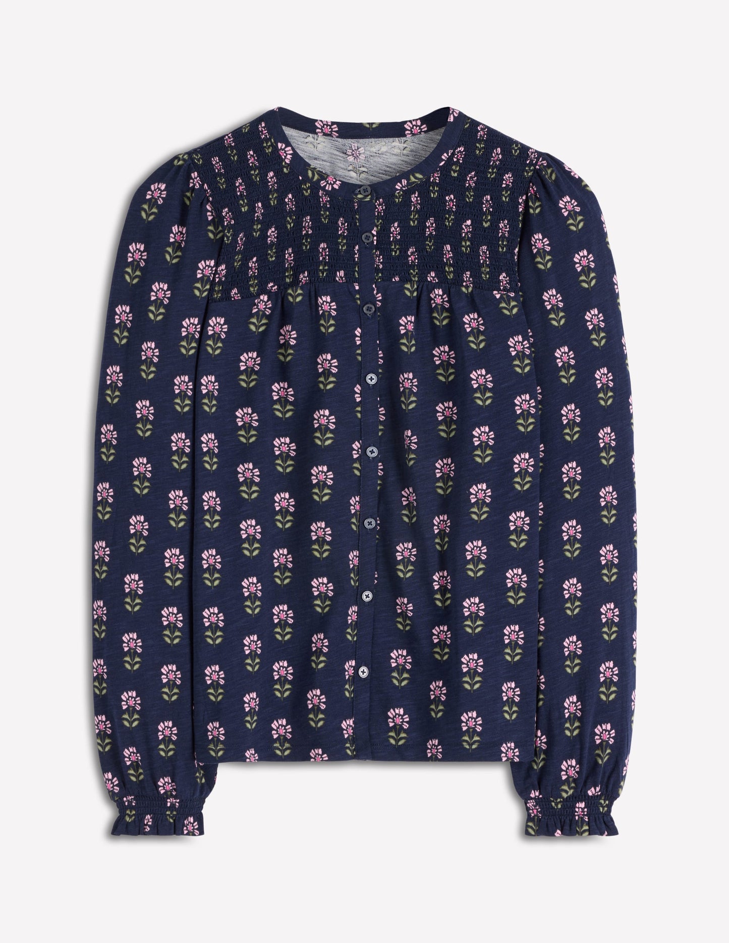 Elsa Smocked Yoke Jersey Shirt-Navy, Woodblock Flower