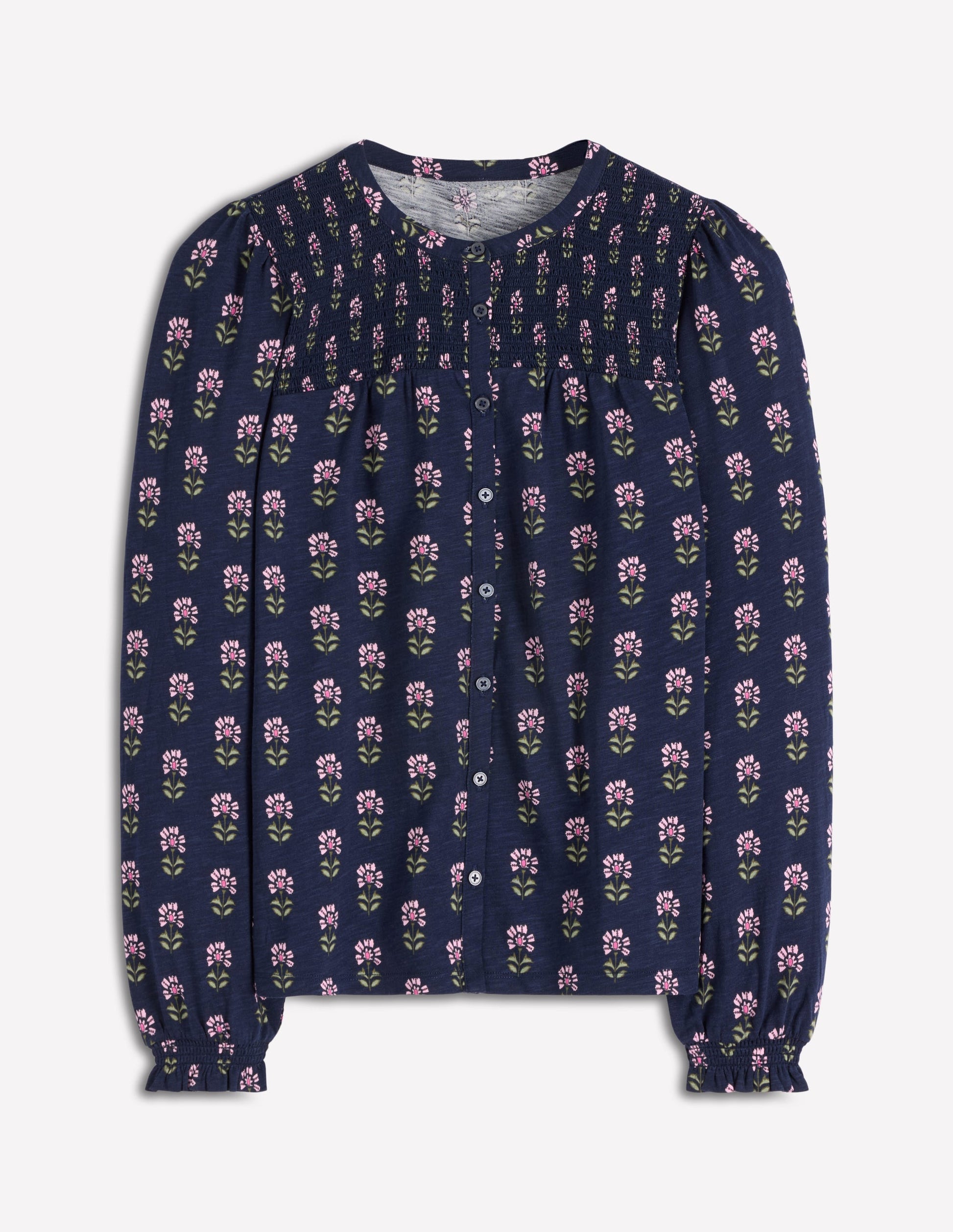 Elsa Smocked Yoke Jersey Shirt-Navy, Woodblock Flower-6