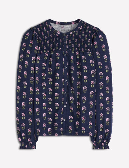 Elsa Smocked Yoke Jersey Shirt-Navy, Woodblock Flower-6