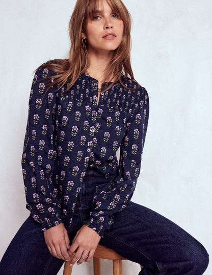 Elsa Smocked Yoke Jersey Shirt-Navy, Woodblock Flower-1