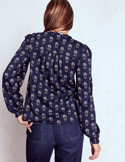 Elsa Smocked Yoke Jersey Shirt-Navy, Woodblock Flower-4
