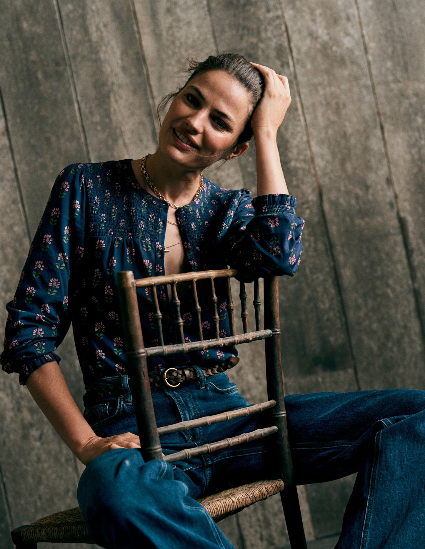 Elsa Smocked Yoke Jersey Shirt-Navy, Woodblock Flower