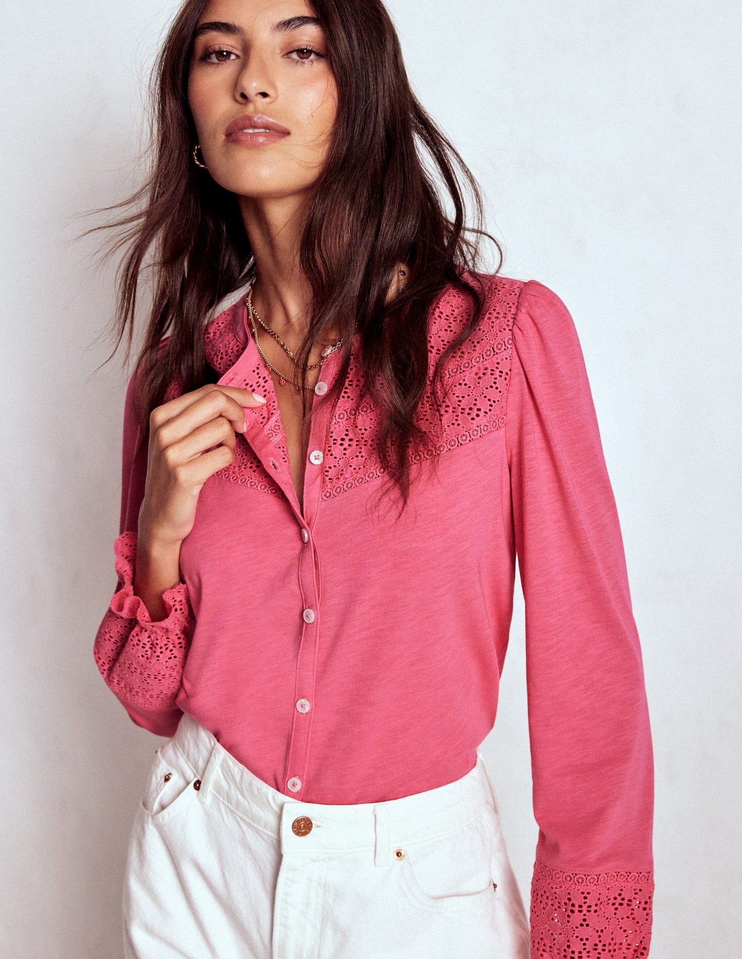 Pippa Broderie Jersey Shirt-Rose Pink
