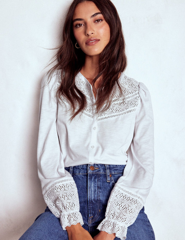 Pippa Broderie Jersey Shirt-White