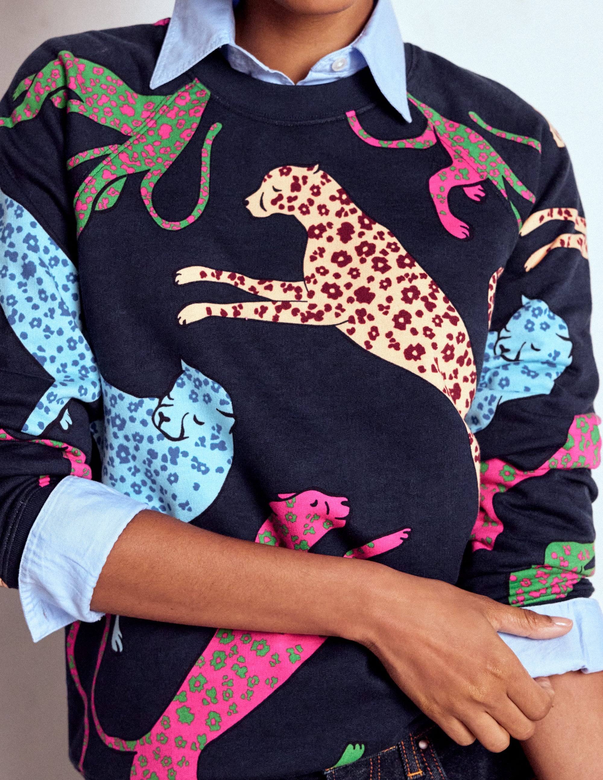 Rosa Printed Sweatshirt-Navy, Leaping Leopard - Image 2