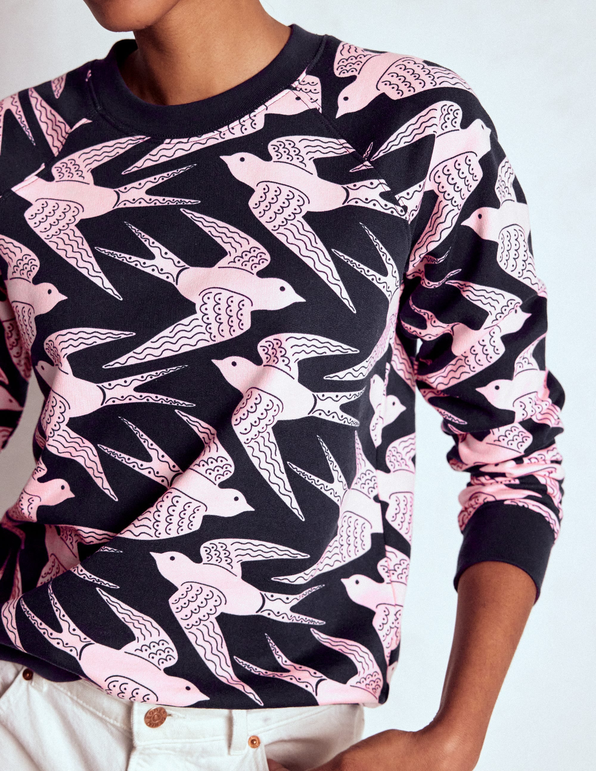Rosa Printed Sweatshirt-Navy, Pink Swooping Swallow - Image 2