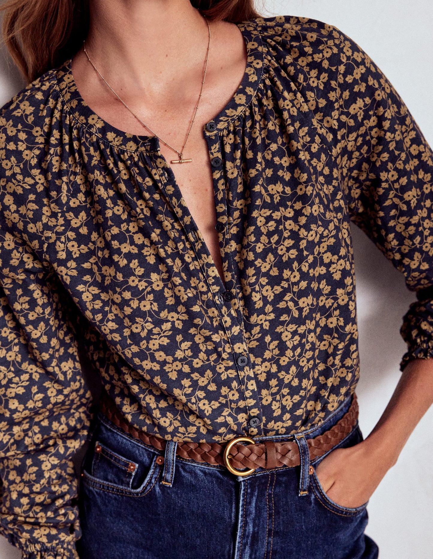 Isla Long Sleeve Jersey Shirt-Hazelnut Brown, Delicate Vine