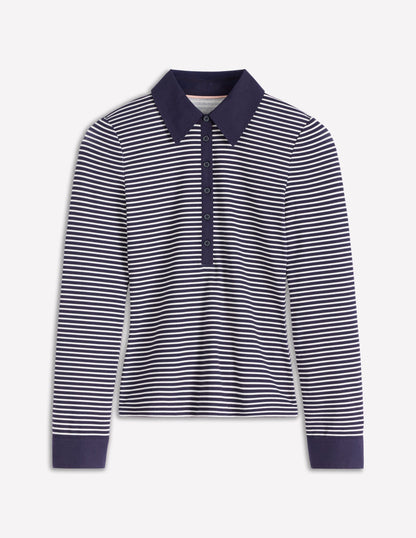 Collared Placket Jersey Shirt-Navy, Ivory Stripe-5