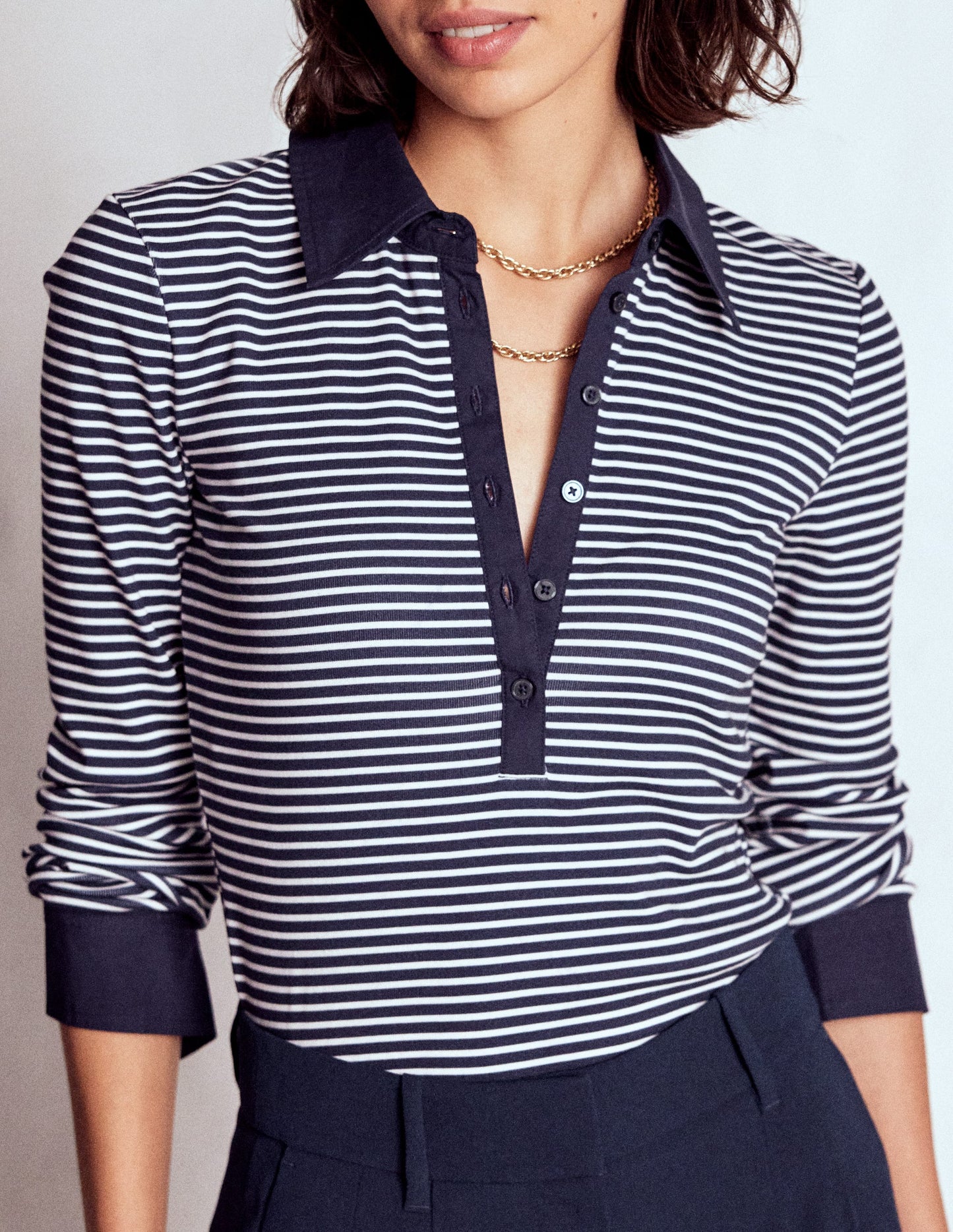 Collared Placket Jersey Shirt-Navy, Ivory Stripe