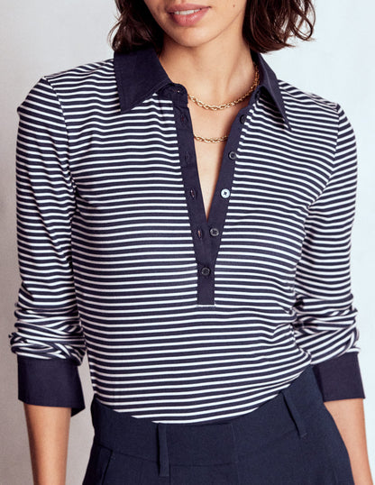 Collared Placket Jersey Shirt-Navy, Ivory Stripe-4