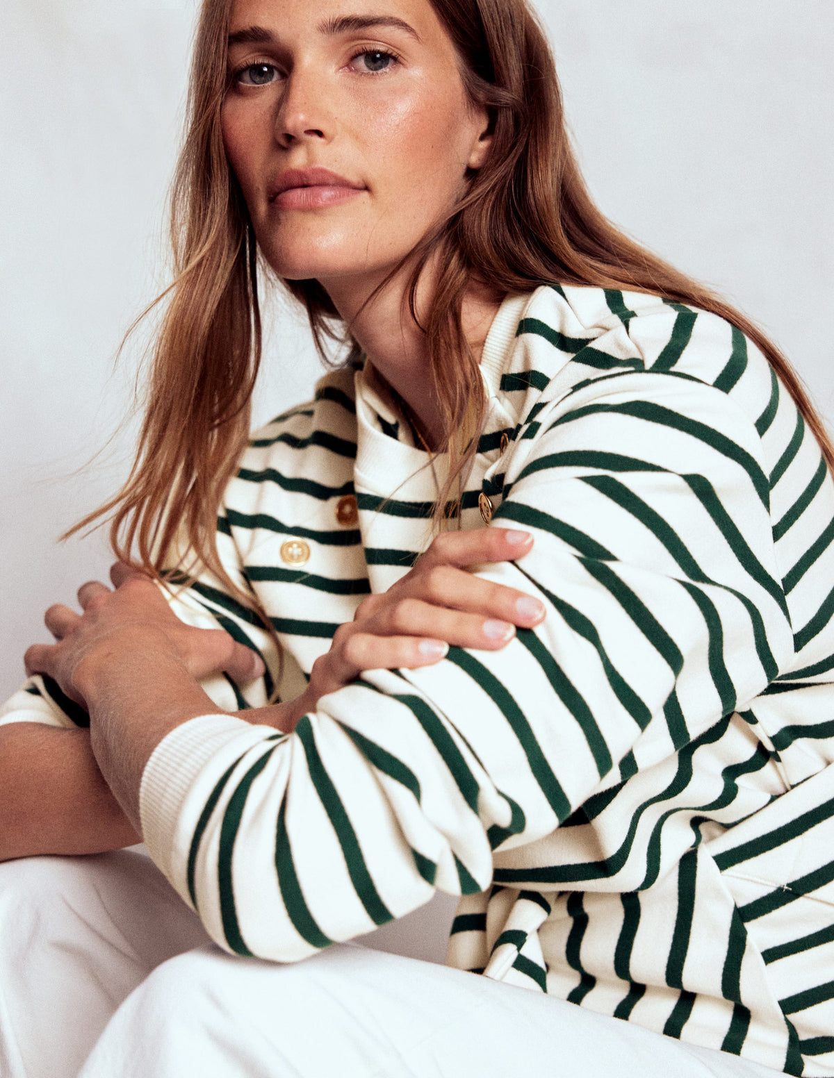 Button Detail Sweatshirt-Emerald Night, Ivory - Image 1