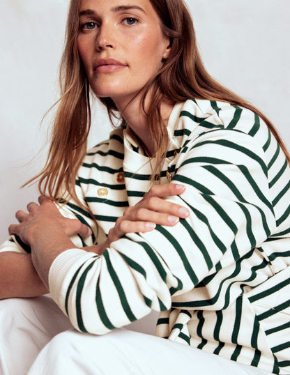 Button Detail Sweatshirt-Emerald Night, Ivory-1