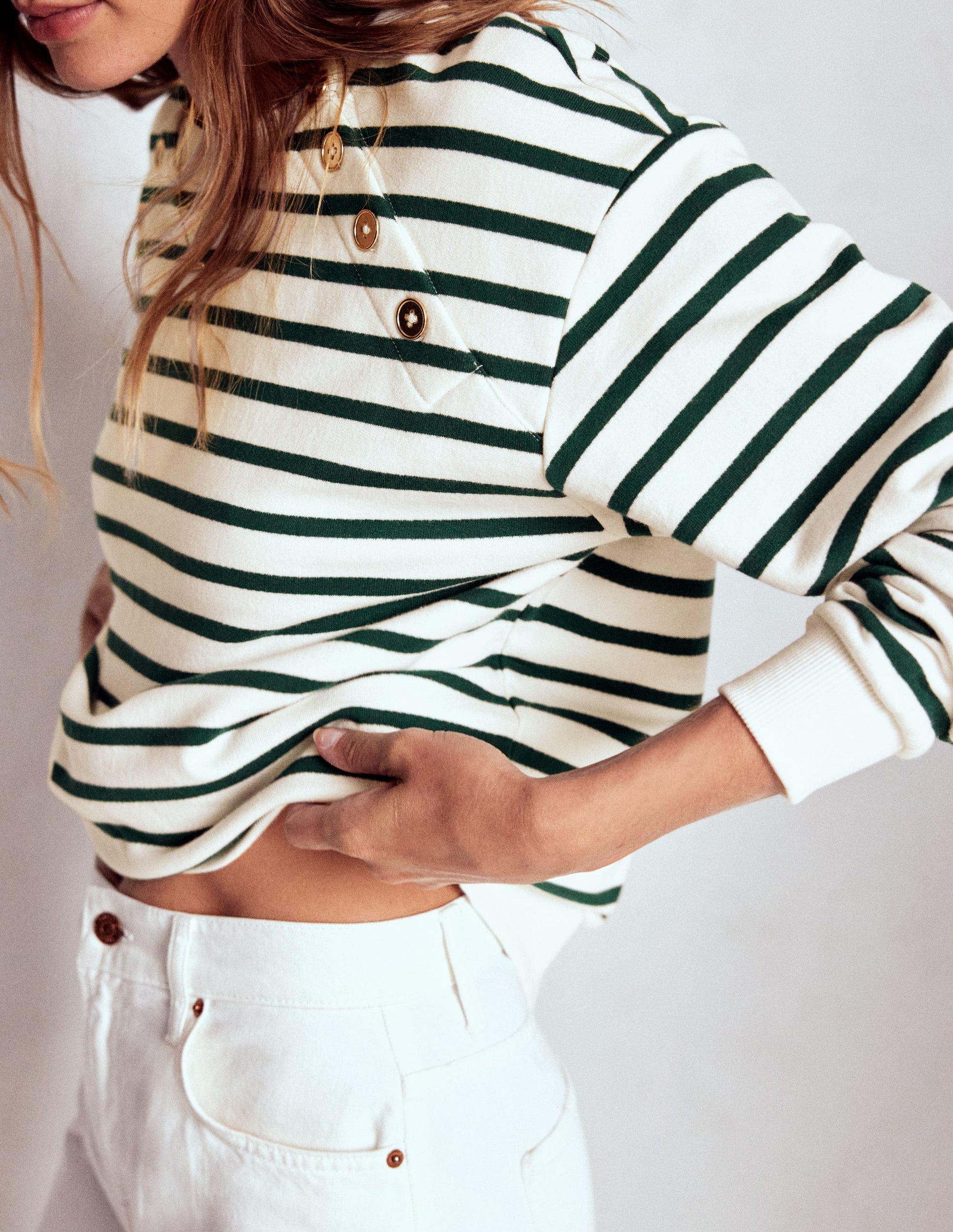 Button Detail Sweatshirt-Emerald Night, Ivory-2