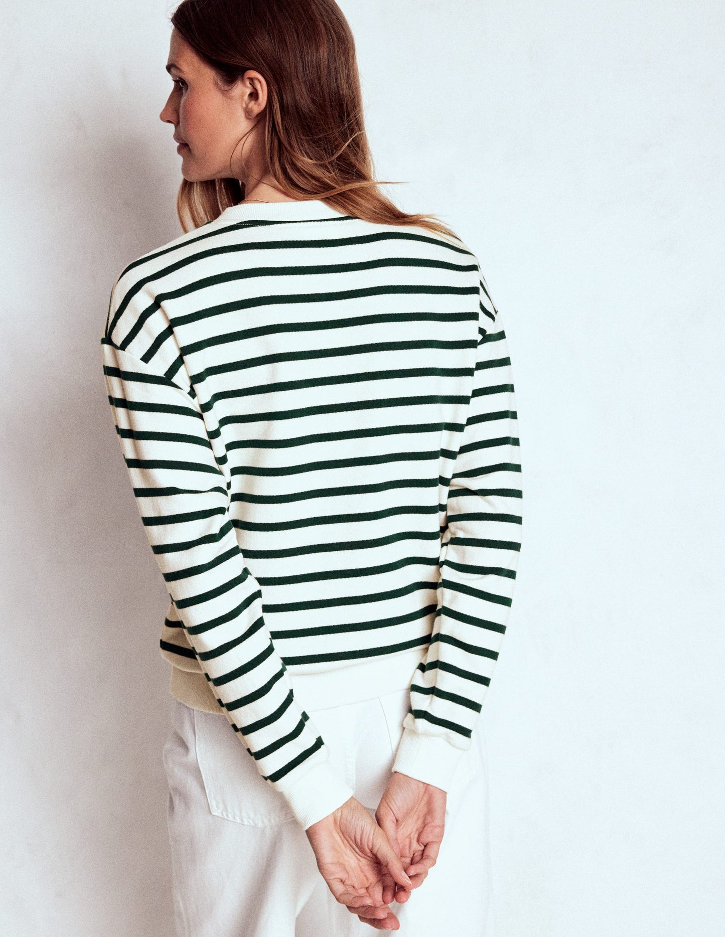 Button Detail Sweatshirt-Emerald Night, Ivory