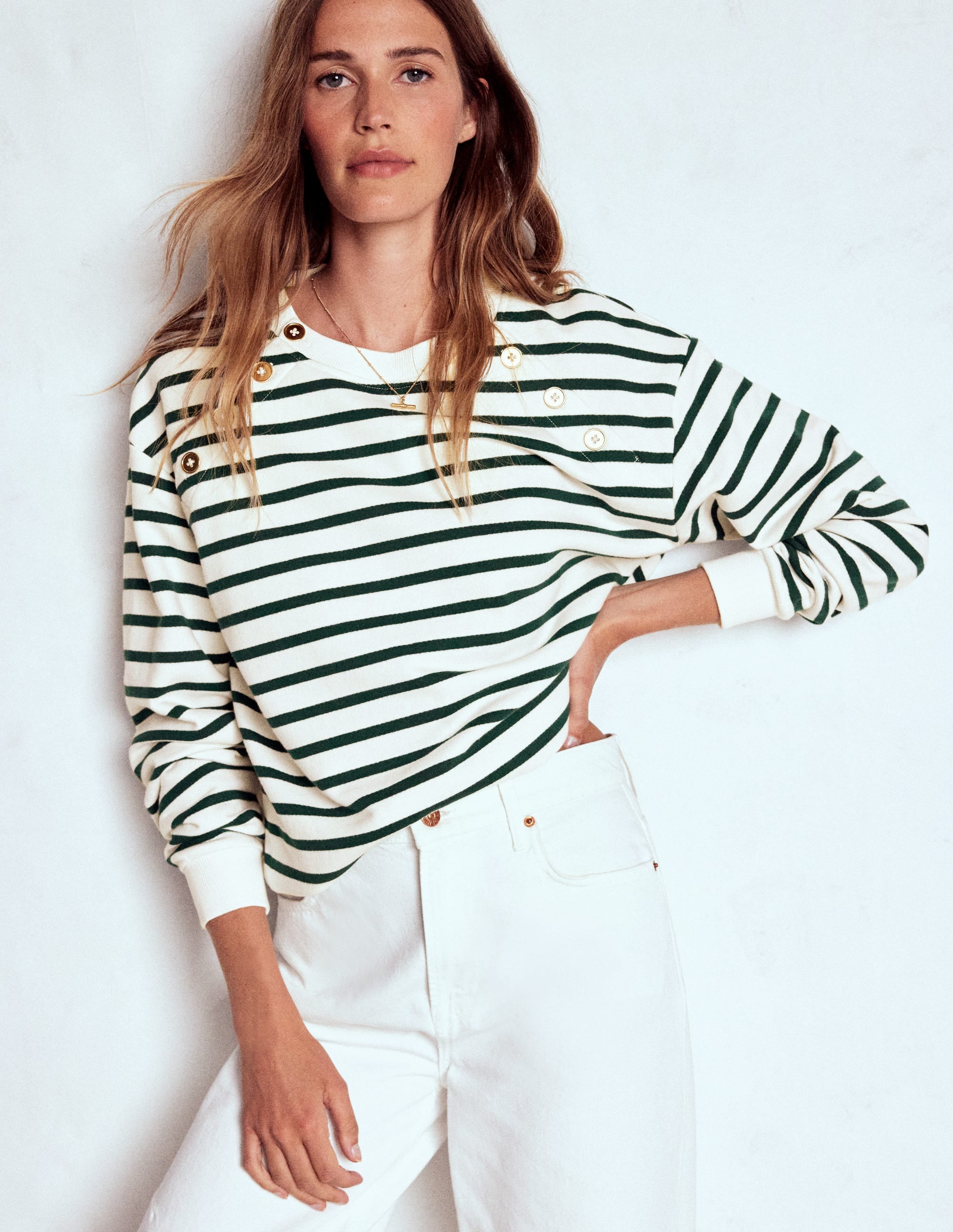 Button Detail Sweatshirt-Emerald Night, Ivory - Image 4