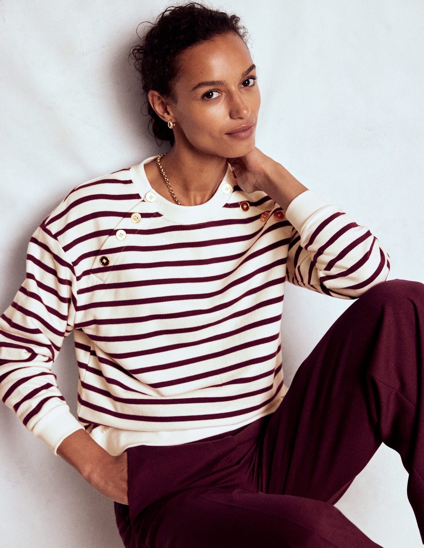 Button Detail Sweatshirt-Deep Wisteria, Ivory