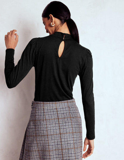 Puff Shoulder Jersey Top-Black-3