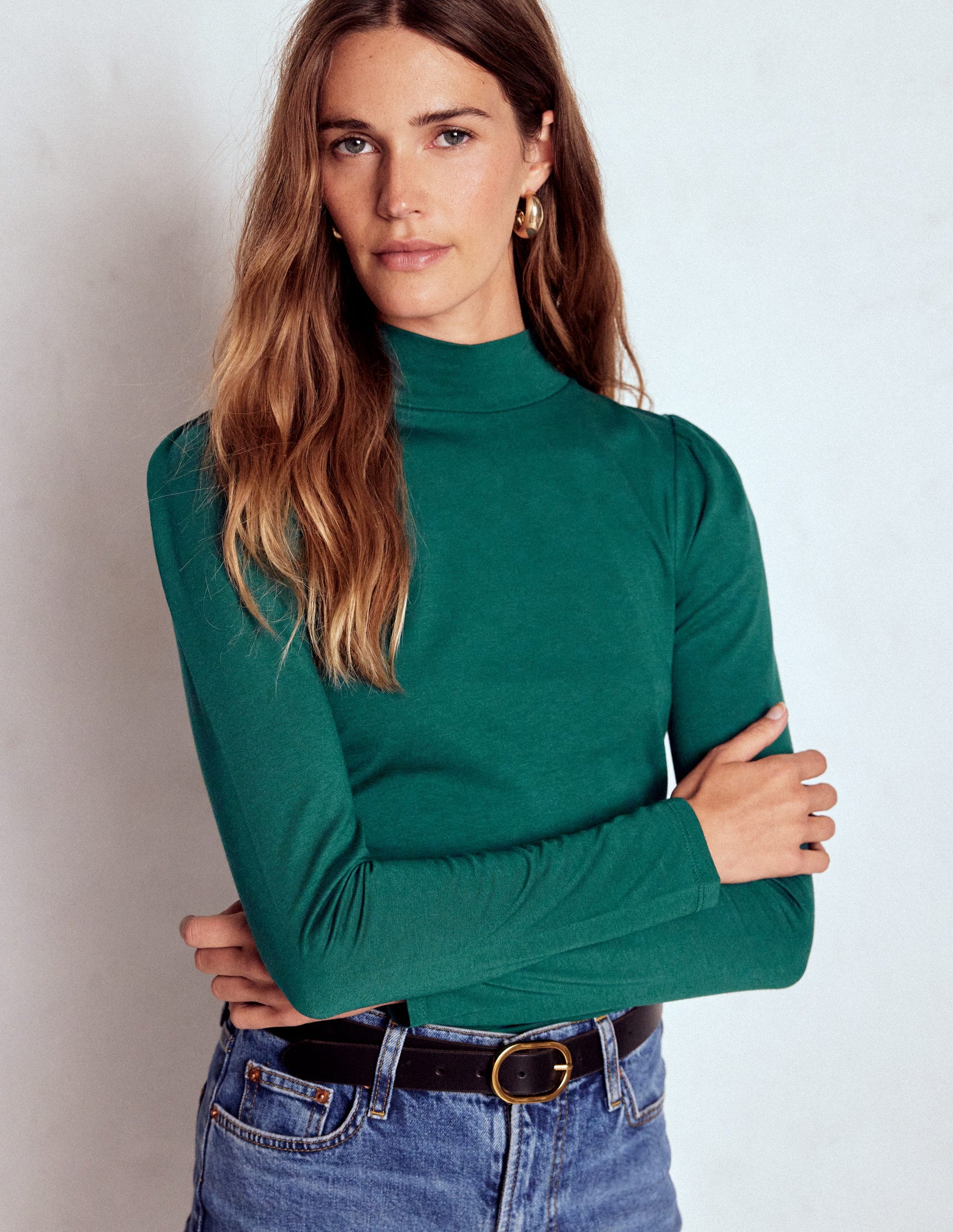 Puff Shoulder Jersey Top-Emerald Night-4