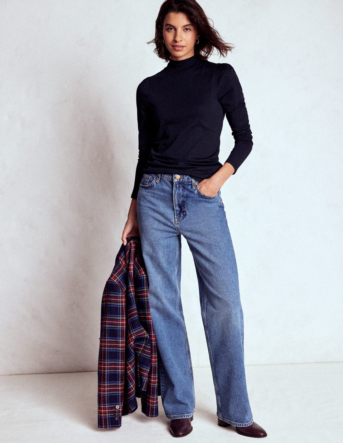 Puff Shoulder Jersey Top-Navy