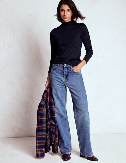 Puff Shoulder Jersey Top-Navy-3