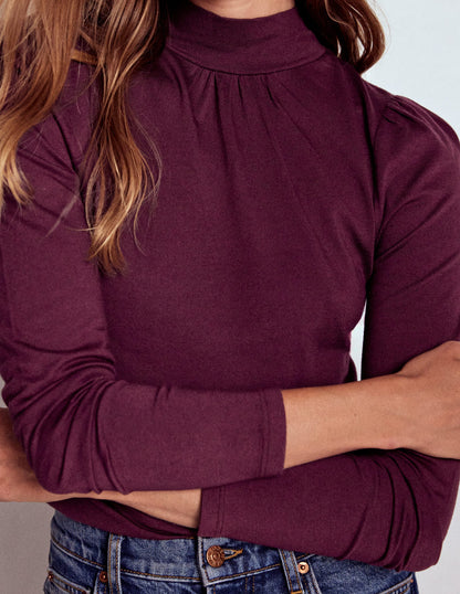 Puff Shoulder Jersey Top-Dark Cherry-3