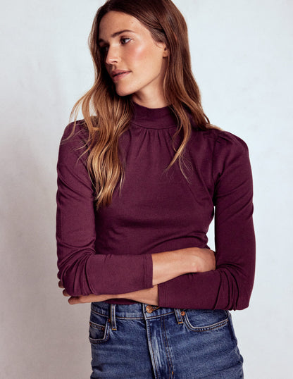 Puff Shoulder Jersey Top-Dark Cherry-1