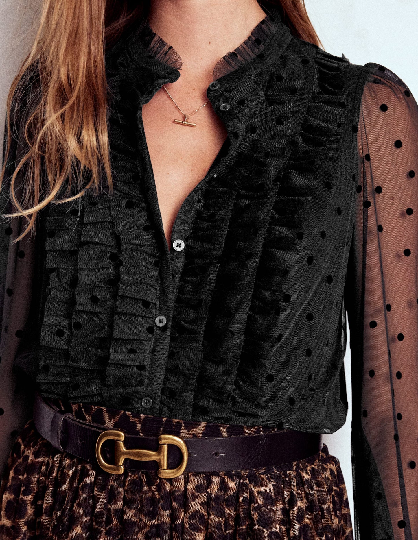 Frilled Tulle Blouse-Black