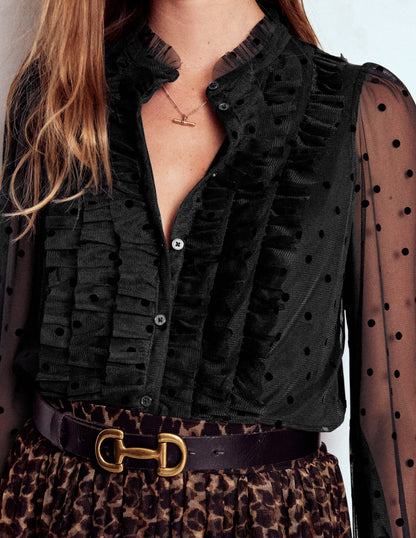 Frilled Tulle Blouse-Black-2