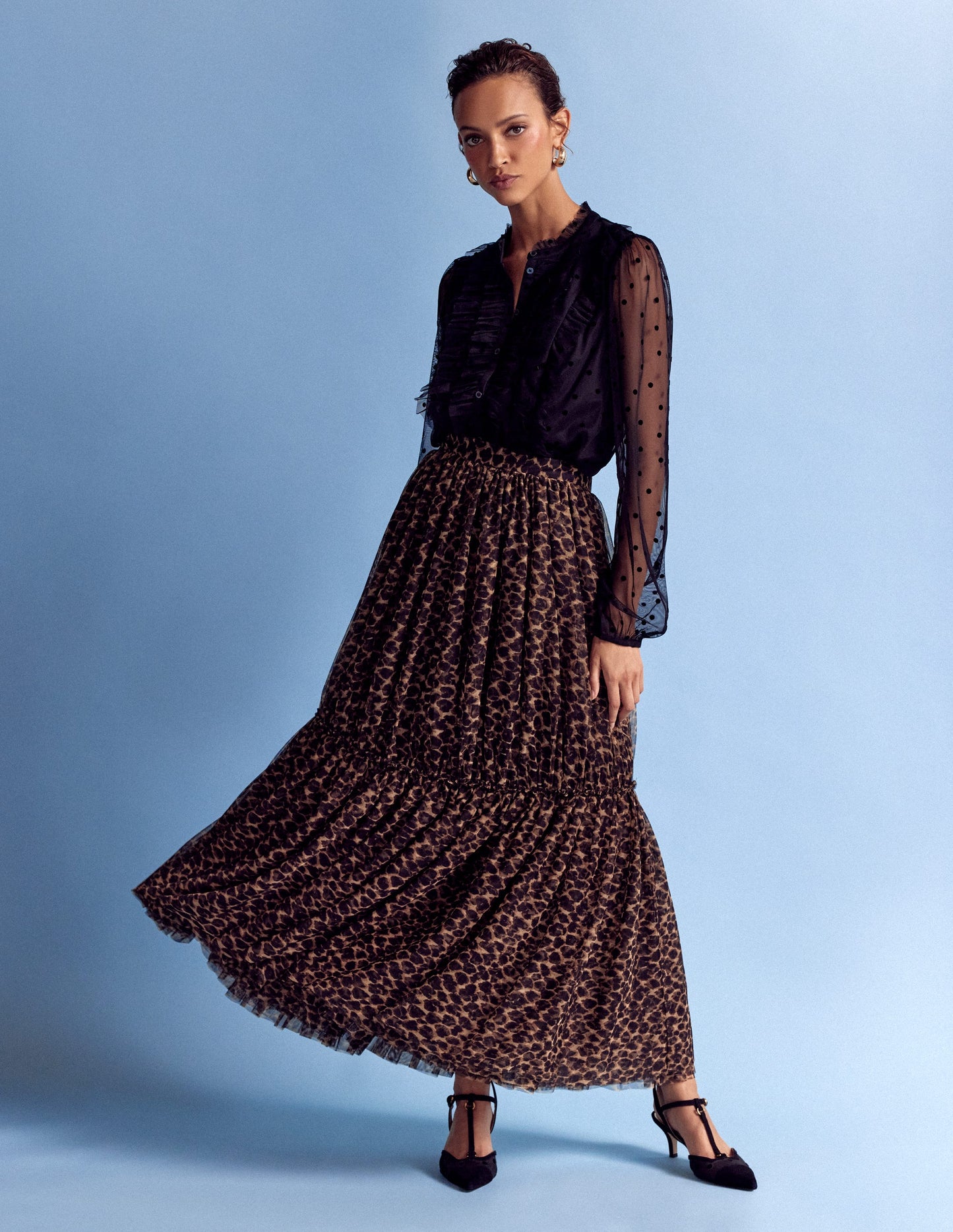 Frilled Tulle Blouse-Black