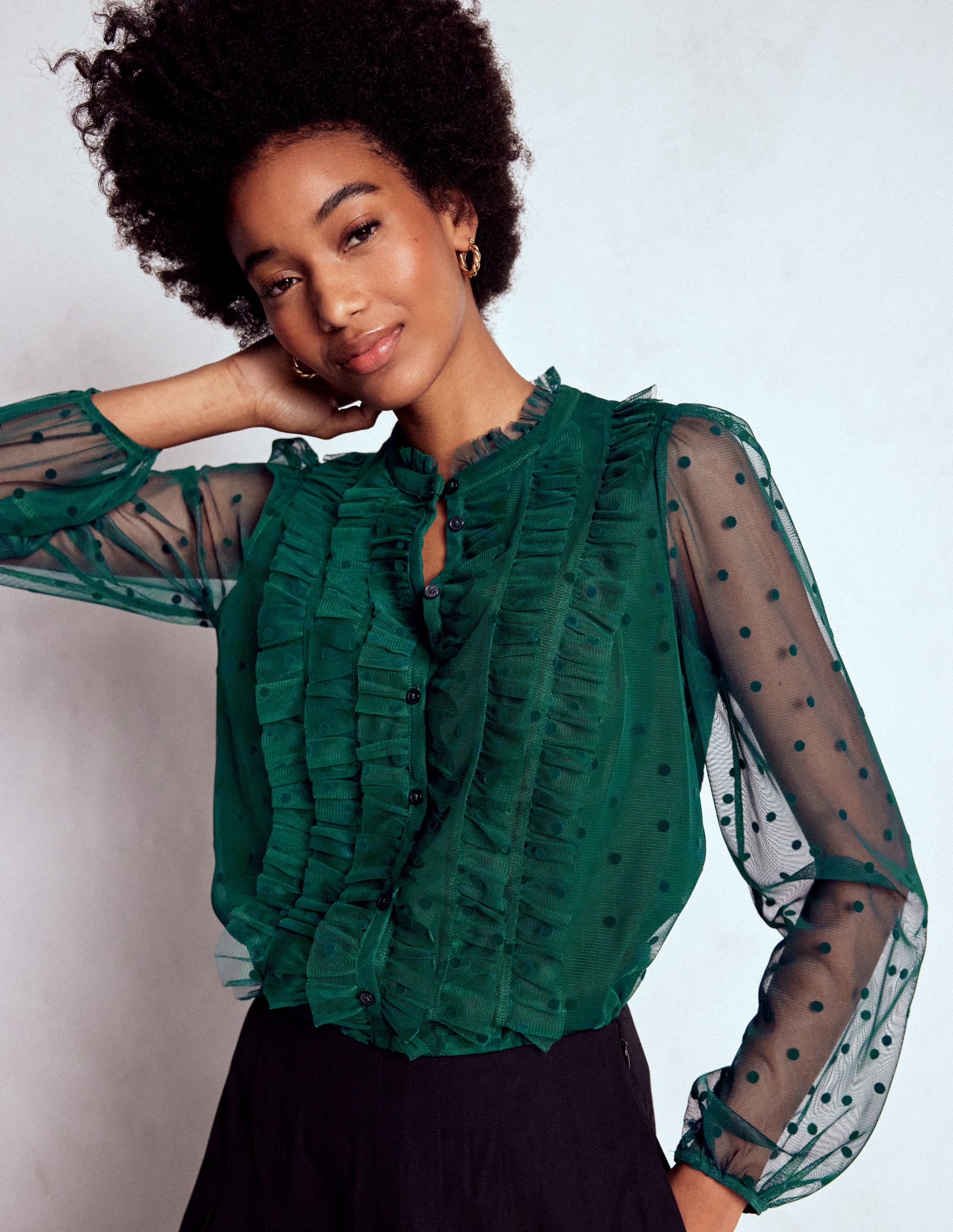 Frilled Tulle Blouse-Emerald Night - Image 1