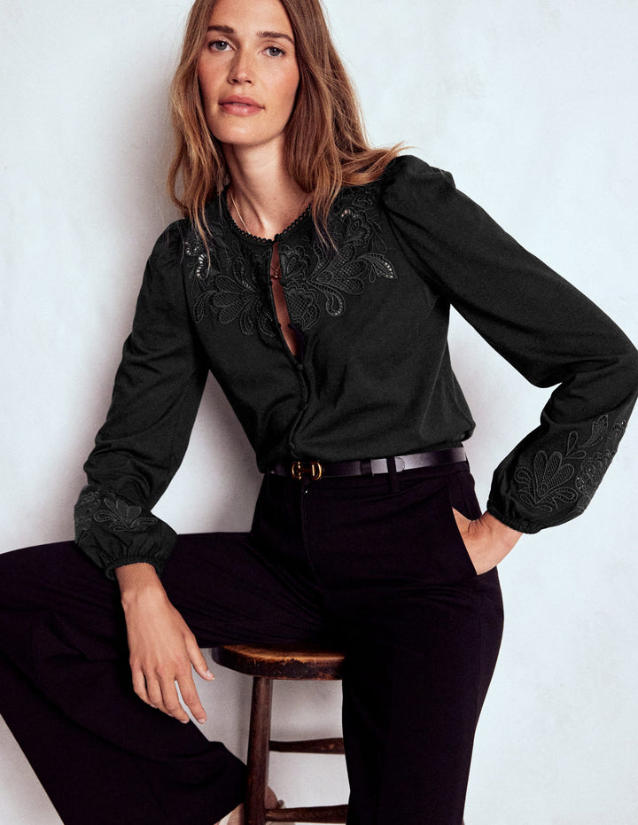 Cutwork Detail Jersey Top-Black