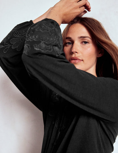 Cutwork Detail Jersey Top-Black-4