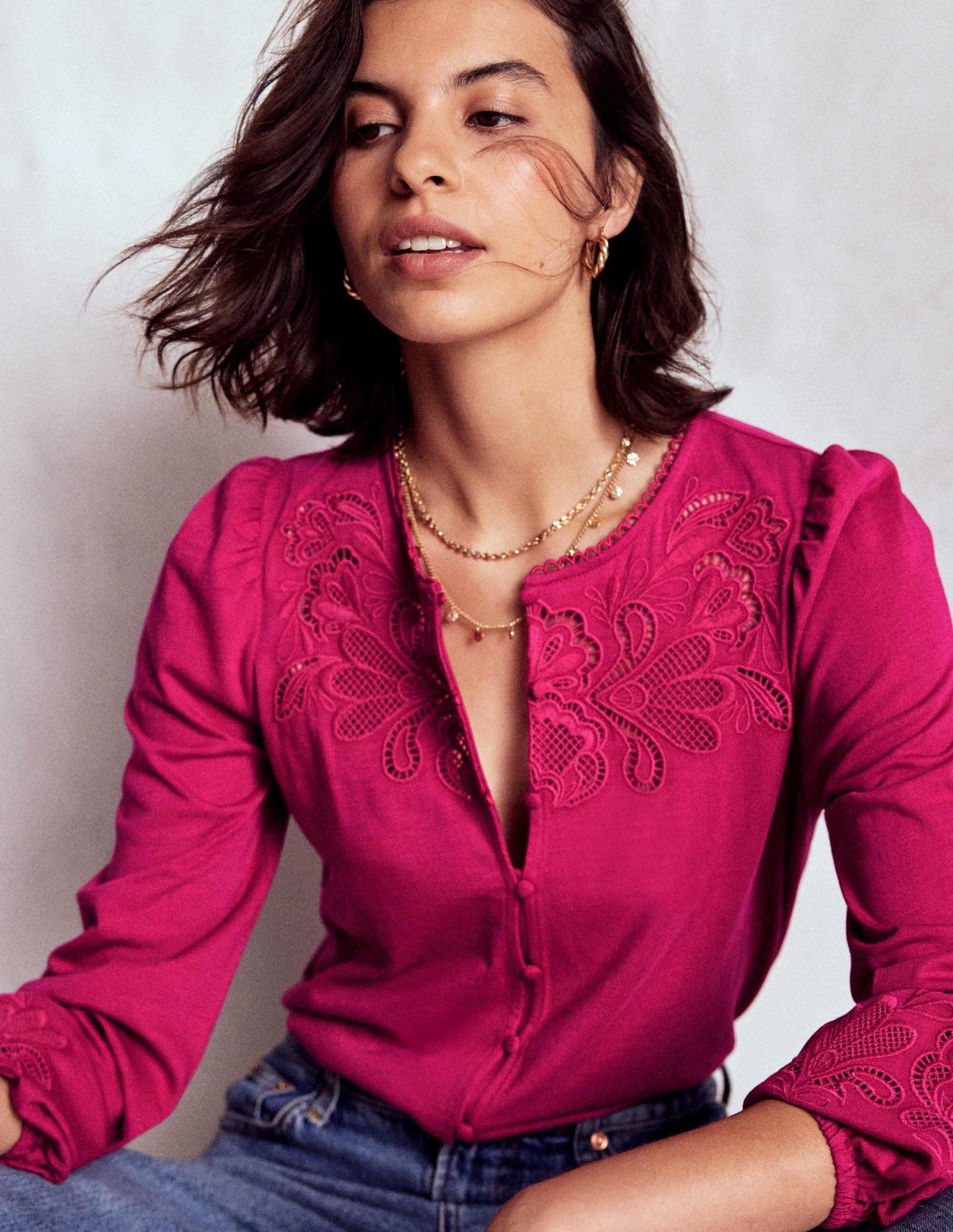 Cutwork Detail Jersey Top-Vibrant Pink - Image 1