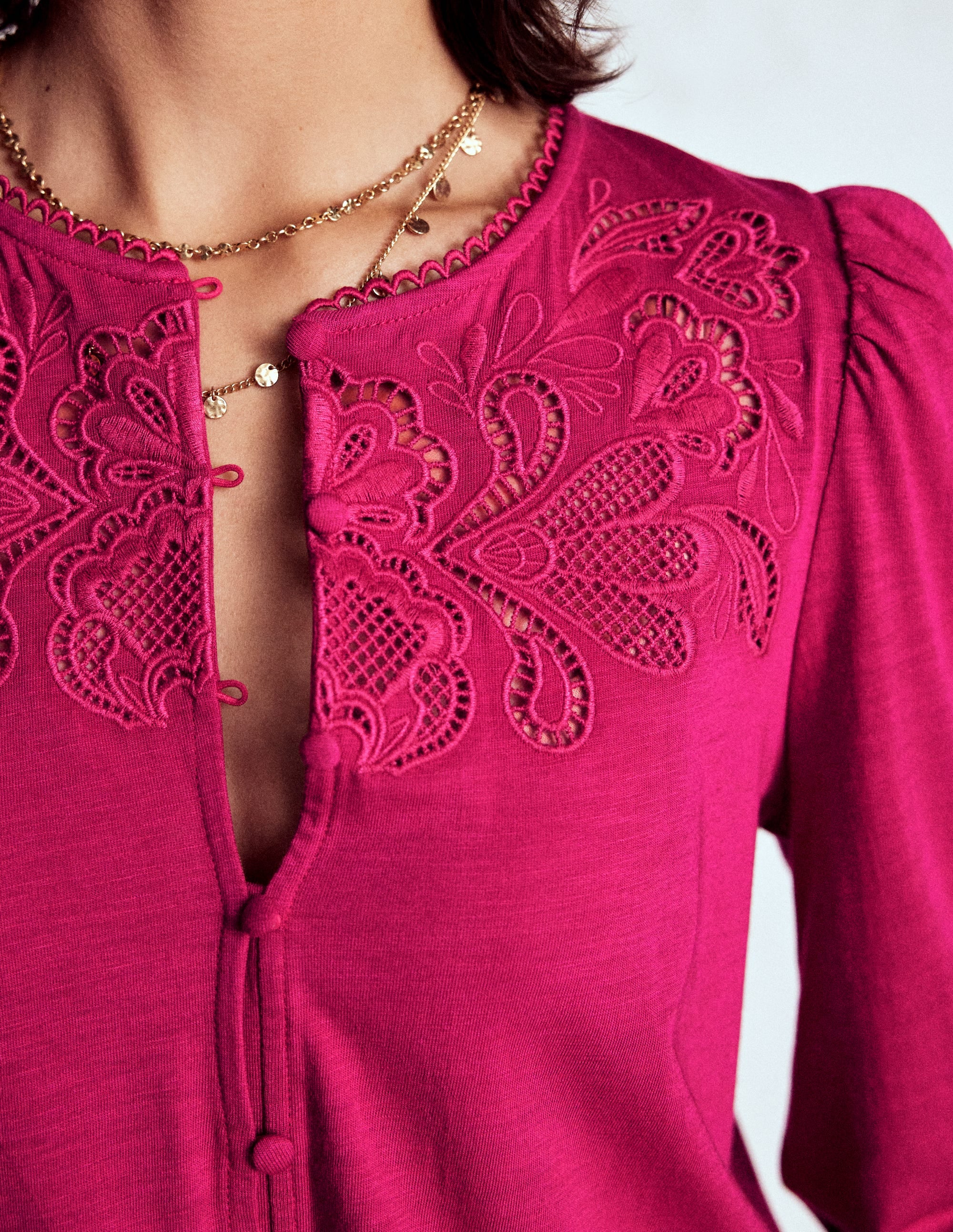 Cutwork Detail Jersey Top-Vibrant Pink - Image 2
