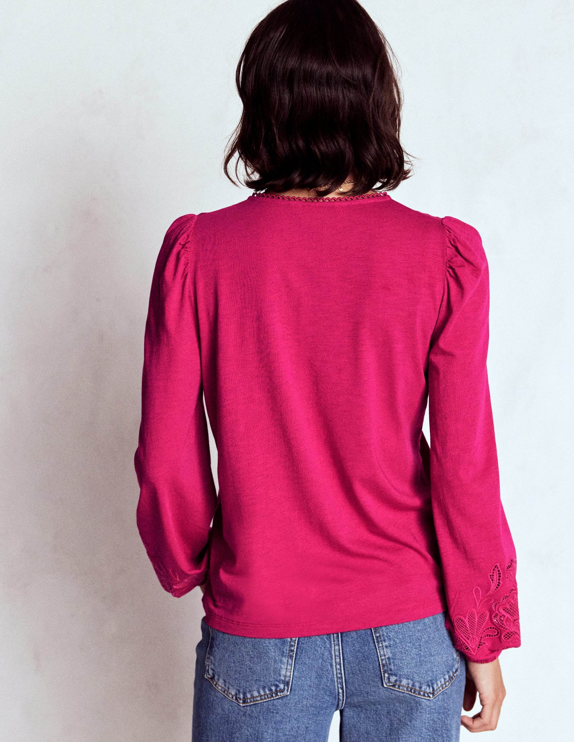 Cutwork Detail Jersey Top-Vibrant Pink - Image 3